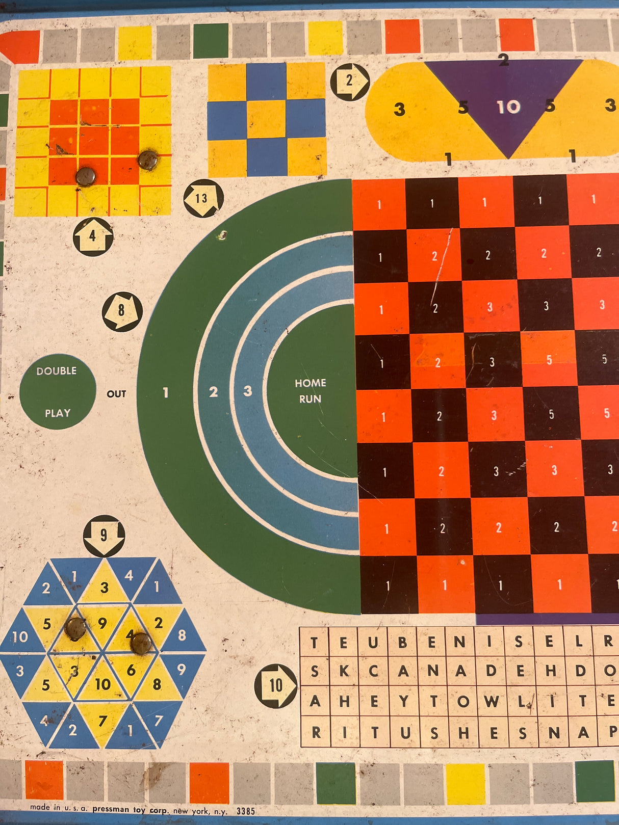 Vintage Metal Lap Serving Tray Game by Pressman Toy Co., featuring multiple logic puzzles and a baseball-style target, perfect for post-meal entertainment and easy storage.