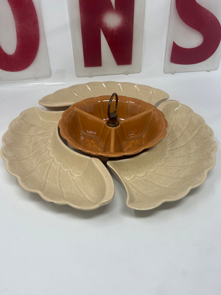 RARE California Pottery Dip and plate set of 3 No.370 showing interlocking bowls and a handled tray for serving appetizers. Marked Made in USA - No. 370.