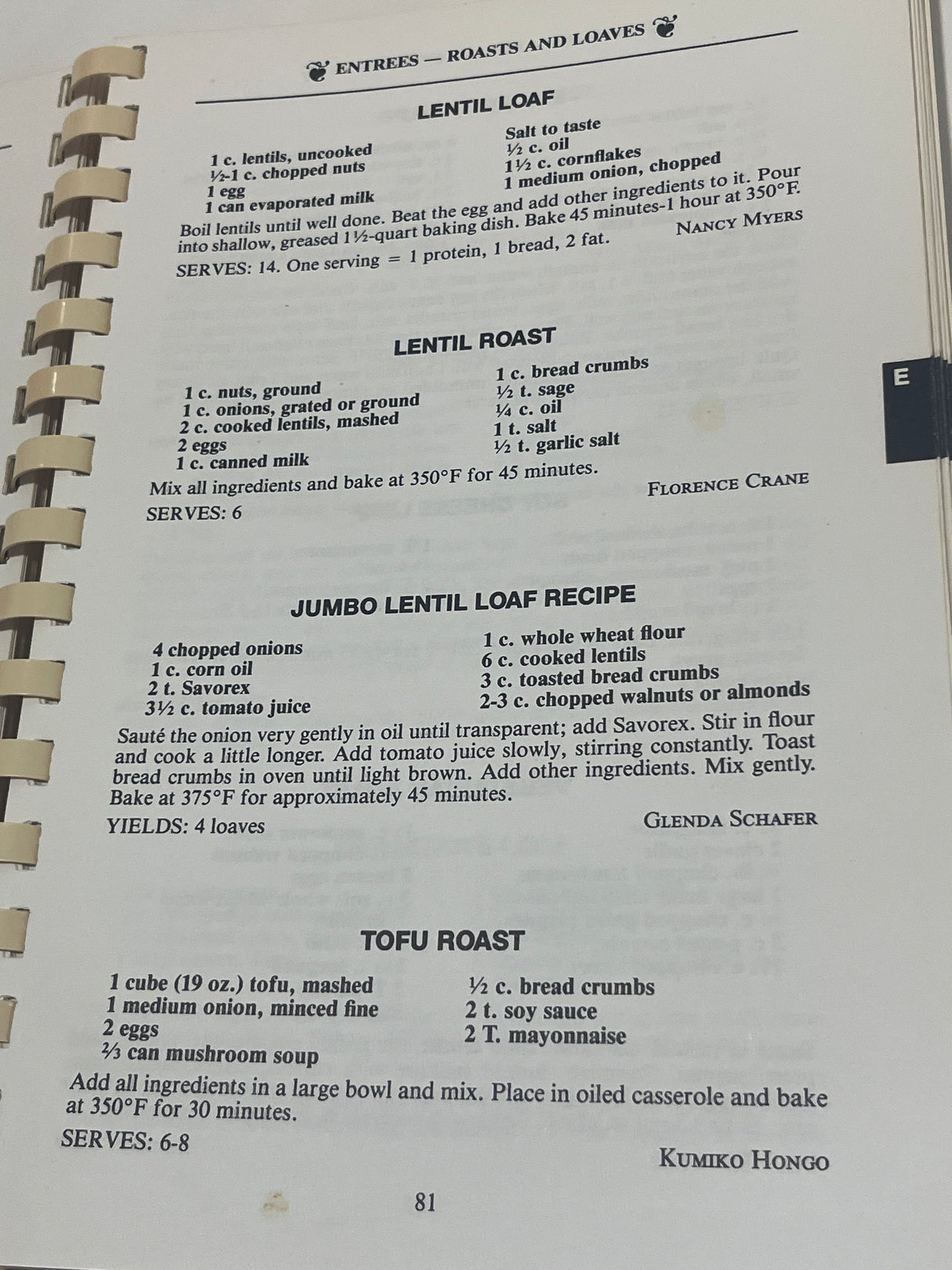 RARE An Apple A Day Volume Two cookbook page featuring four vegetarian loaf recipes, highlighting meatless entrees like Lentil Loaf and Tofu Roast.