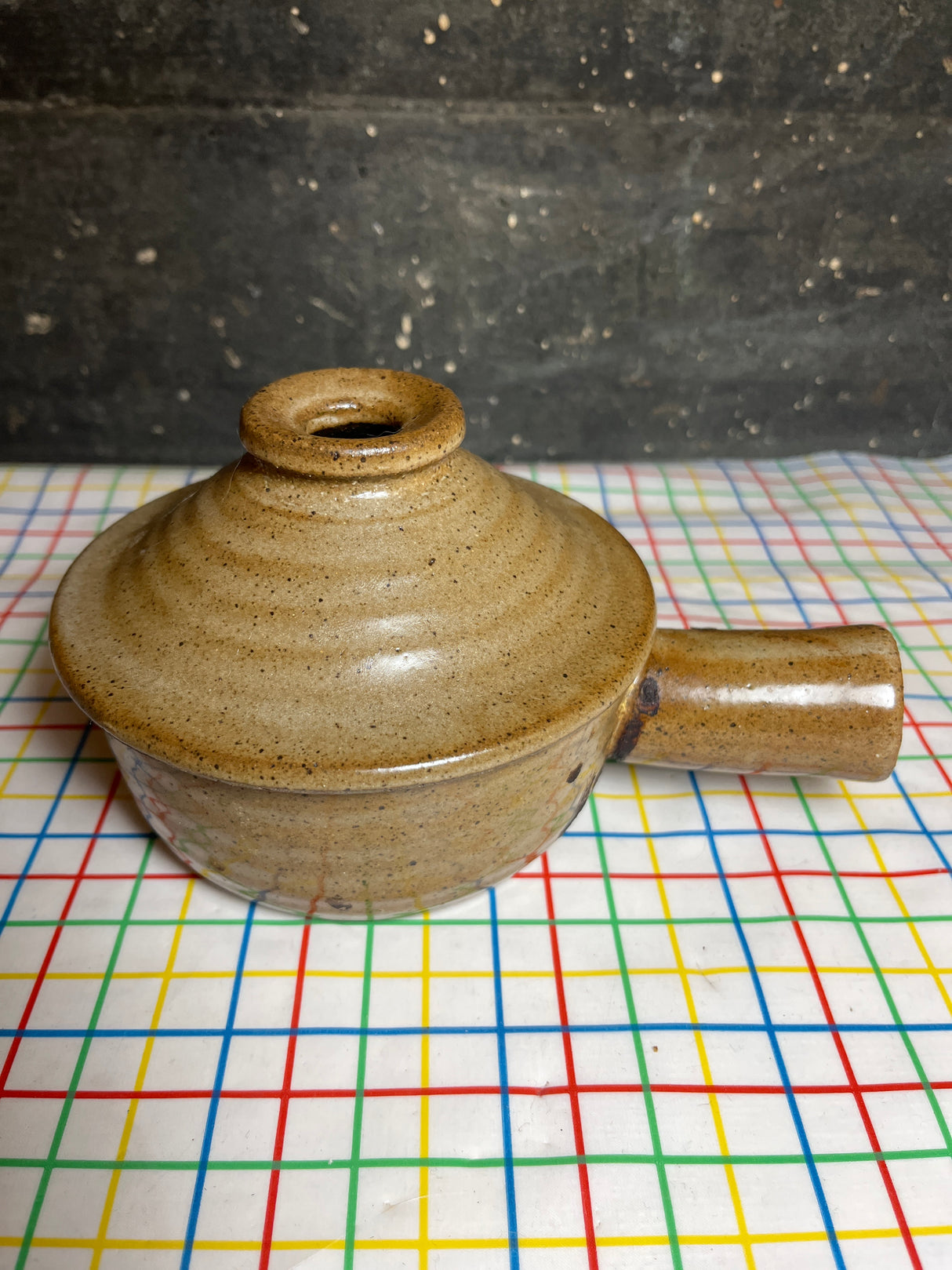 Vented soup bowl with lid and hollow handle - speckled brown stoneware ceramic - vintage