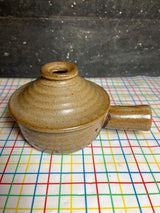 Vented soup bowl with lid and hollow handle - speckled brown stoneware ceramic - vintage