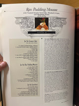 RARE Duquesne Club Cookbook spread featuring a detailed recipe for Rice Pudding Mousse with Sesame Cake, Rhubarb Crisps, and Plums, including ingredients and preparation steps.