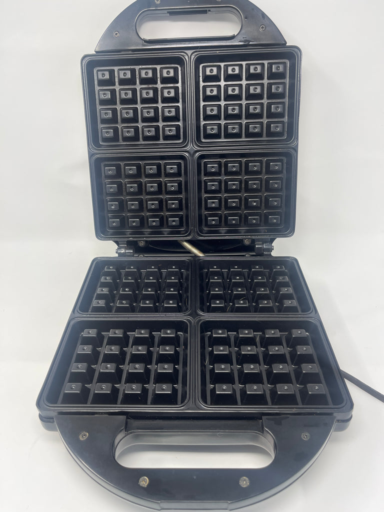 Krups stainless steel Belgian waffle maker with square waffles, buttons, and keys. Nonstick pans for easy use, compact design for storage efficiency.