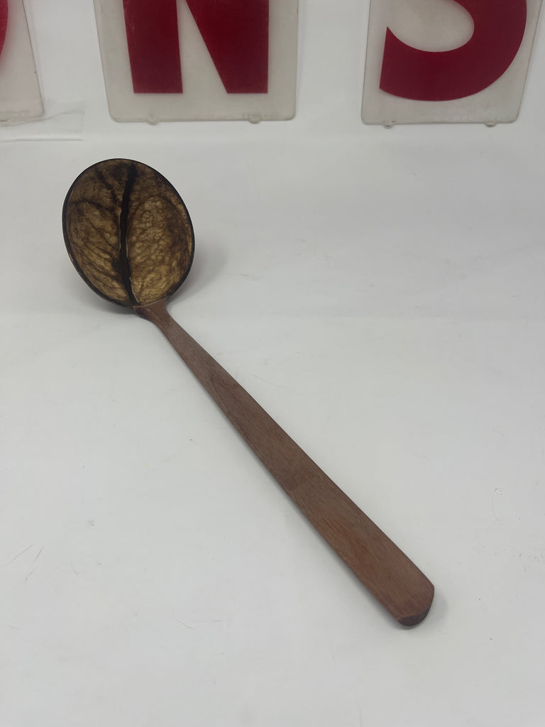 Coconut shell ladle with a wooden handle, perfect for serving entrees, soups, and sauces. Elegant design with natural, warm coconut material.