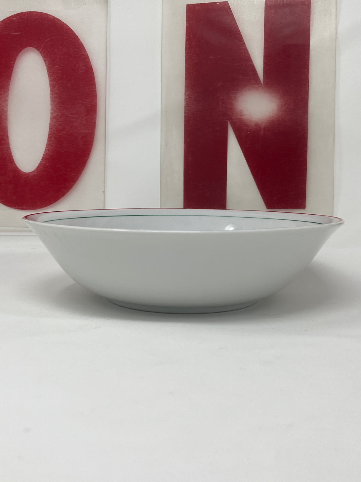 Vintage large spaghetti bowl with groovy font inscription, ideal for pasta enthusiasts. Hand wash only to preserve the design. Signs of wear visible.