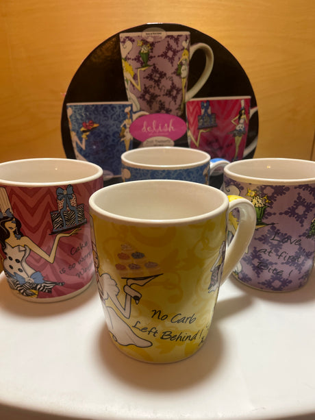 Delish “Just Desserts” set of 4 mugs, collectible, embodying y2k vibes, illustrations intact, no chips or scratches, includes original box.