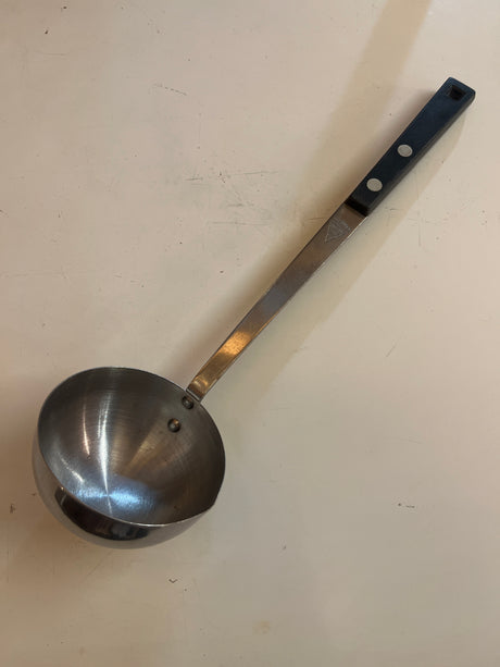 Ladle with black handle - Household Stainless Steel USA features a stainless-steel bowl, long handle with two rivets, and a plastic grip for easy serving.