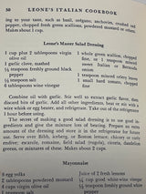 Leone’s Italian Cookbook (1967 First Edition) open to Leone’s Master Salad Dressing recipe, highlighting classic ingredients and preparation from Gene Leone’s famed New York restaurant.