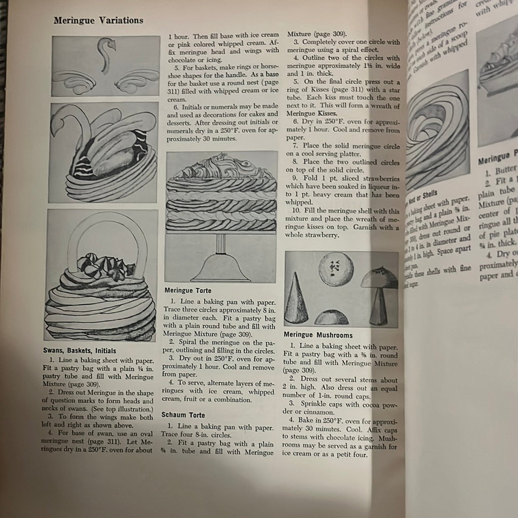 An open book showcasing drawings and text detailing the artistry of meringue variations. From Spoons Kitchen Exchange.