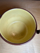 Mini pot with lid and wire handle - vintage enamelware in yellow with brown accents, ideal for garden use; features a mustard-yellow interior and brownish-red rim.