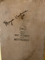 Underside view of Westinghouse 1940s refrigerator dish with Hall manufacturer backstamp and handwritten note, made exclusively for Westinghouse.