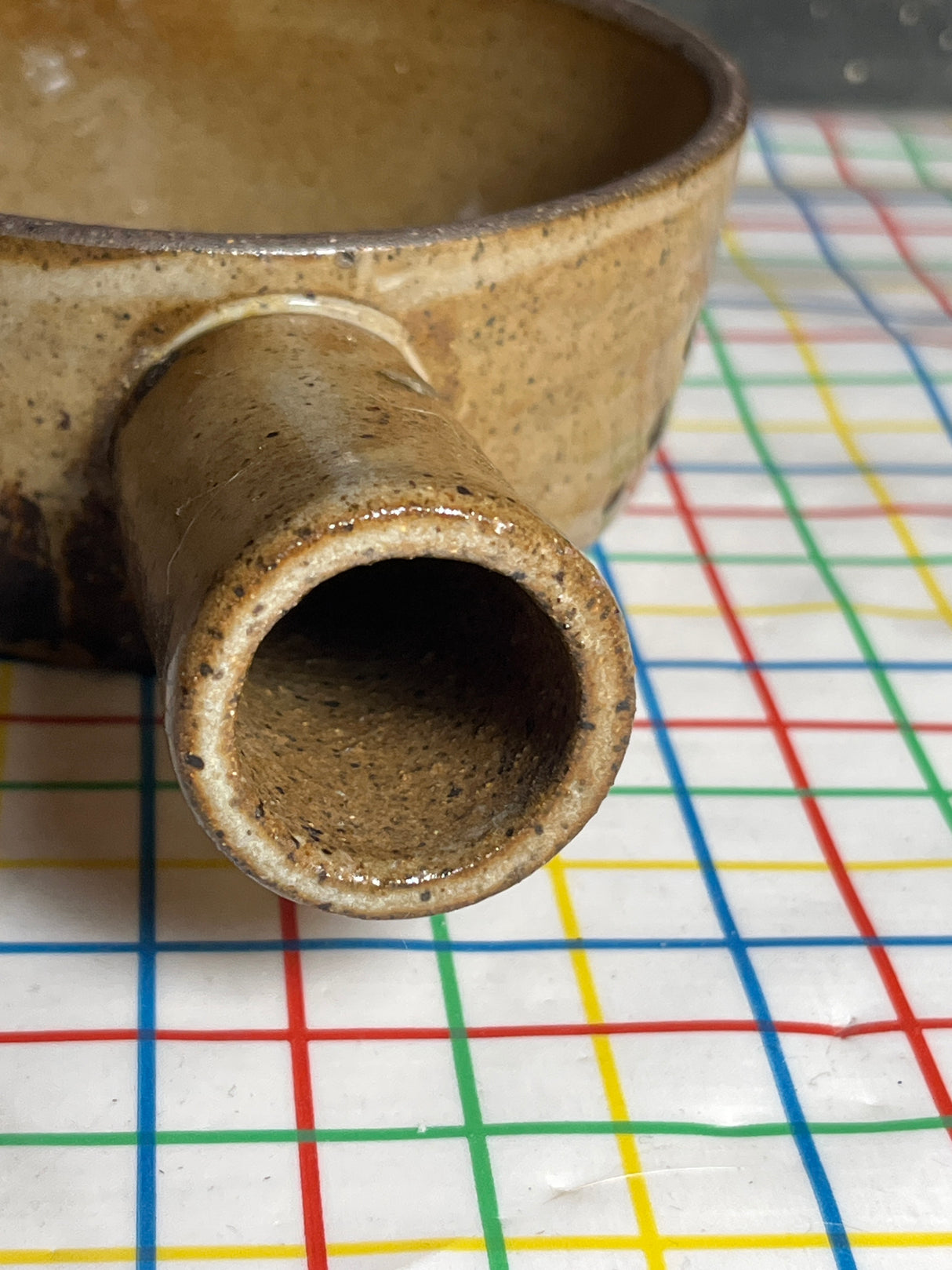 Vented soup bowl with lid and hollow handle - speckled brown stoneware ceramic - vintage