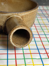 Vented soup bowl with lid and hollow handle - speckled brown stoneware ceramic - vintage