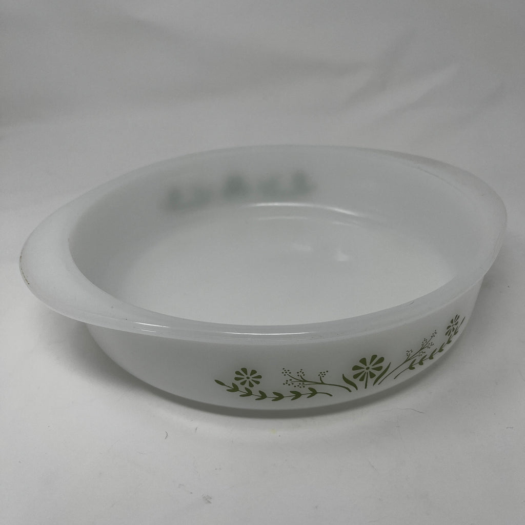 Glasbake white casserole dish with green floral motif. From Spoons Kitchen Exchange. 