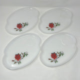 White milk glass snack set featuring red rose designs. Includes 4 teacups and saucers by Federal Glass Co. Excellent condition.