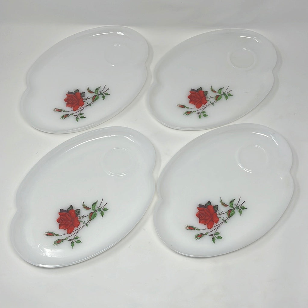 White milk glass snack set featuring red rose designs. Includes 4 teacups and saucers by Federal Glass Co. Excellent condition.