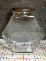 Hexagonal food storage containers - clear glass with wood lid - vintage Libbey