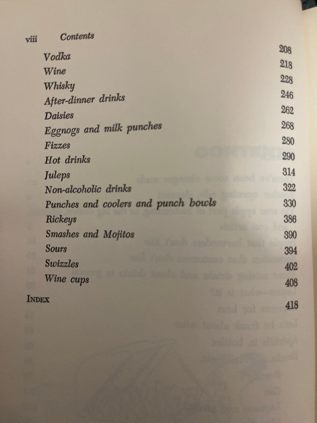 Trader Vic’s Bartender’s Guide (Revised 1972) contents page listing diverse drink categories, highlighting its comprehensive recipe collection for mixologists. Book in good condition with slight wear.
