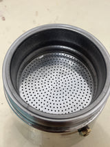 Ilsa Turbo Express 6-Cup 18/10 stainless steel stovetop espresso pot, showing a clean metal coffee-grounds funnel with a perforated filter plate, inside view.