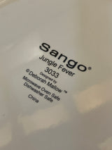 Back-stamp on Jungle Fever dinner plate by Sango 3033, designed by Deborah Mallow, indicating microwave and dishwasher safety, with a description of various animals.