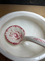 Porcelain soup tureen bowl with lid, underplate, and scalloped ladle, hand-painted with red roses, showcasing Italian craftsmanship and elegance.