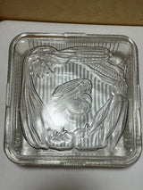 Antique Federal Glass square food container with lid embossed with produce illustrations and grooved sides for grip, from the 1940s.