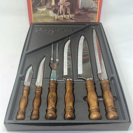 Bennington Forge 6-piece knife and cutlery set displayed in original packaging, featuring sharp utility, chef's, and serrated knives with comfortable round handles.