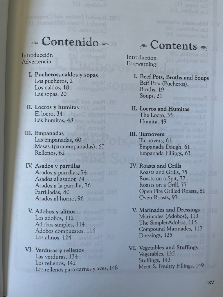 Close-up of an open page from the Así Cocinan los Argentinos / How Argentina Cooks cookbook, showcasing text and a recipe for Argentine home dishes.