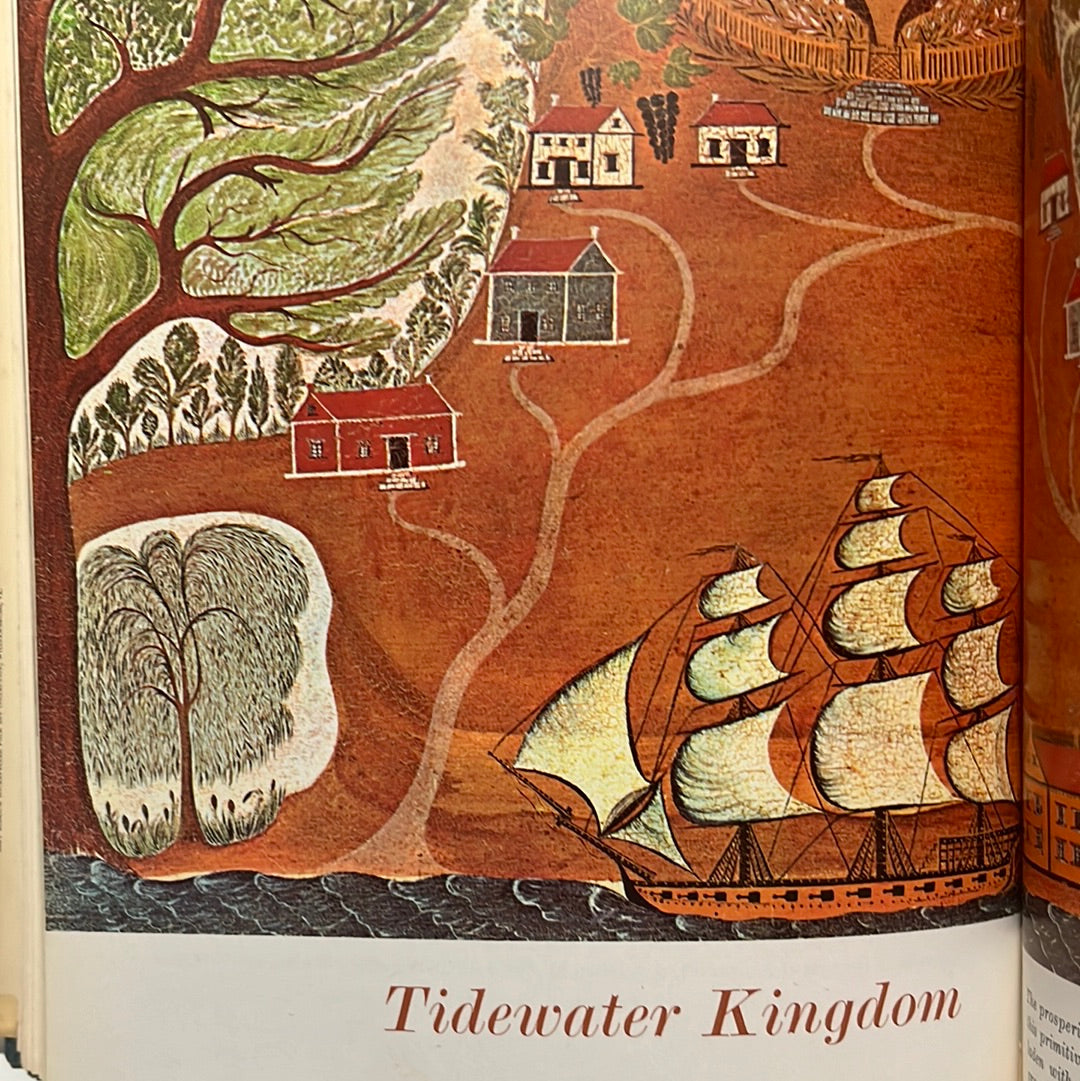 Open The American Heritage Cookbook and Illustrated History of American Eating & Drinking, featuring ship paintings and maps, reflecting culinary heritage.