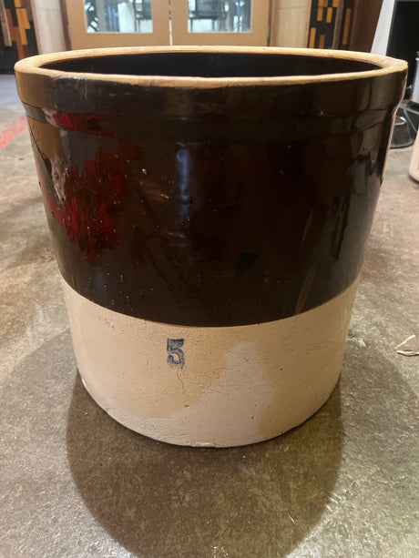 Antique 5 gallon stoneware ceramic pickling crock, featuring a two-toned design with a blue “5” stamped on the side; minor interior pock-marks.