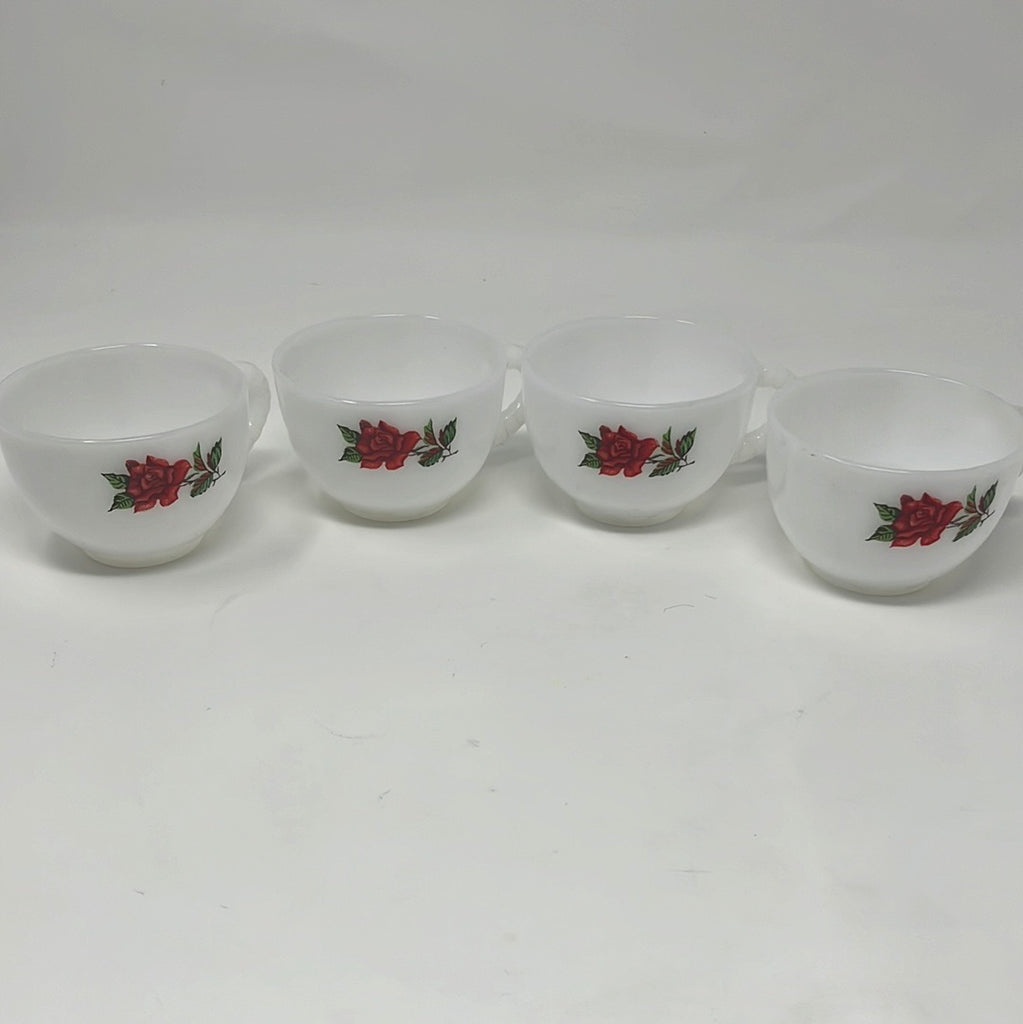 White milk glass teacups with red roses, made by Federal Glass Co. Set of 4 with saucers, excellent condition.
