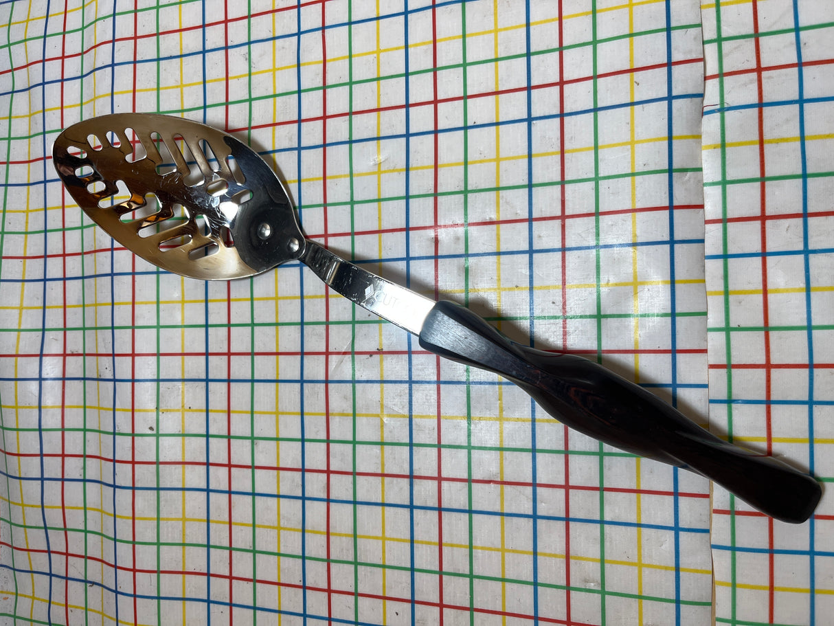 Slotted spoon - stainless steel with dark brown marbled resin handle - Cutco