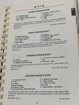 Cookbook page from RARE An Apple A Day Volume Two – Vegetarian Cookery by Doctors' Wives featuring four vegetarian soup recipes with ingredients and cooking instructions.