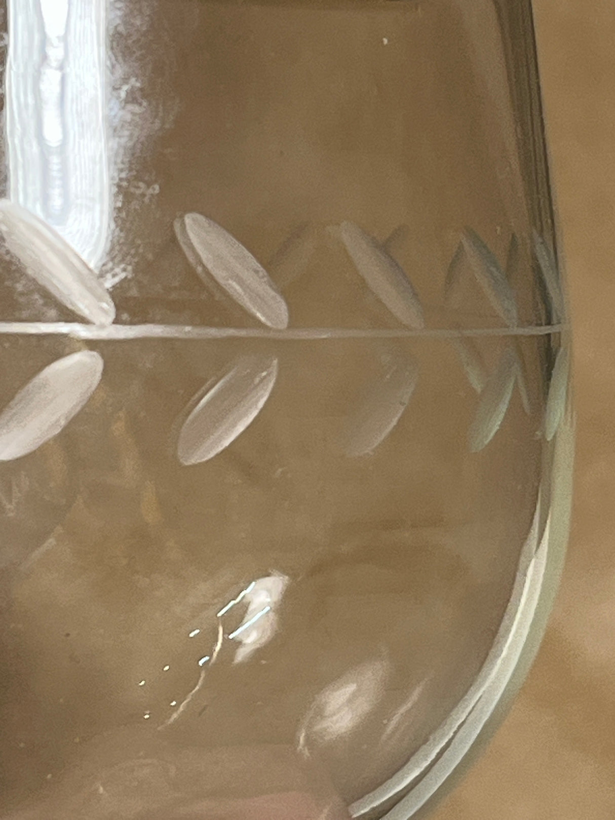 Laurel gray cut glass goblet featuring an etched decorative band of small oval and leaf-shaped motifs around the bowl, set against a wooden surface.