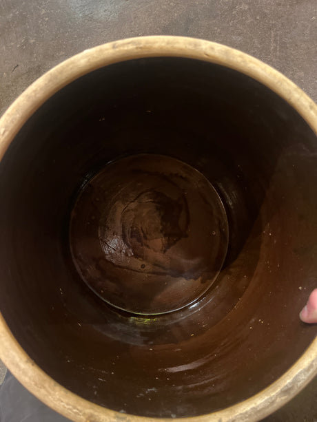 Antique 5 gallon stoneware ceramic pickling crock with a blue 5 stamp. Features tiny pock-marks inside, but in otherwise excellent condition.
