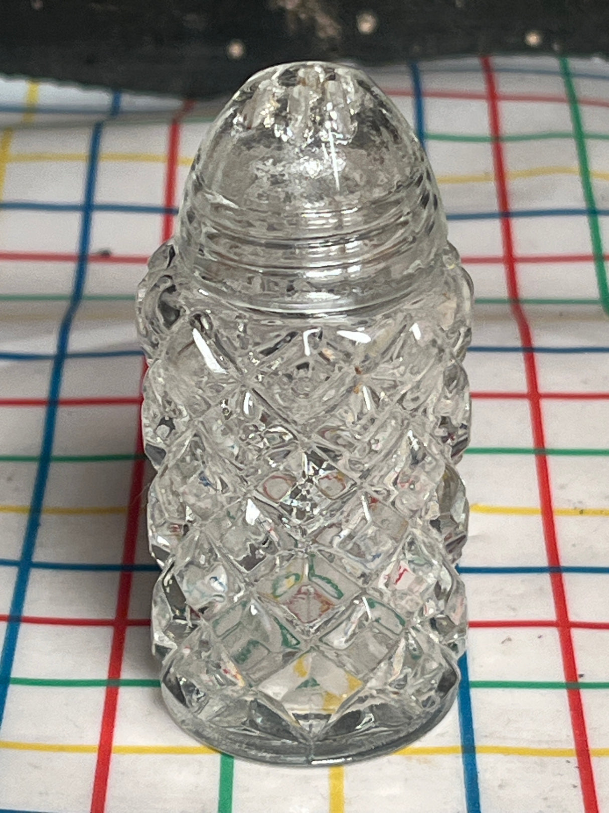 Salt and pepper shaker set with tray - vintage diamond cut glass deco style