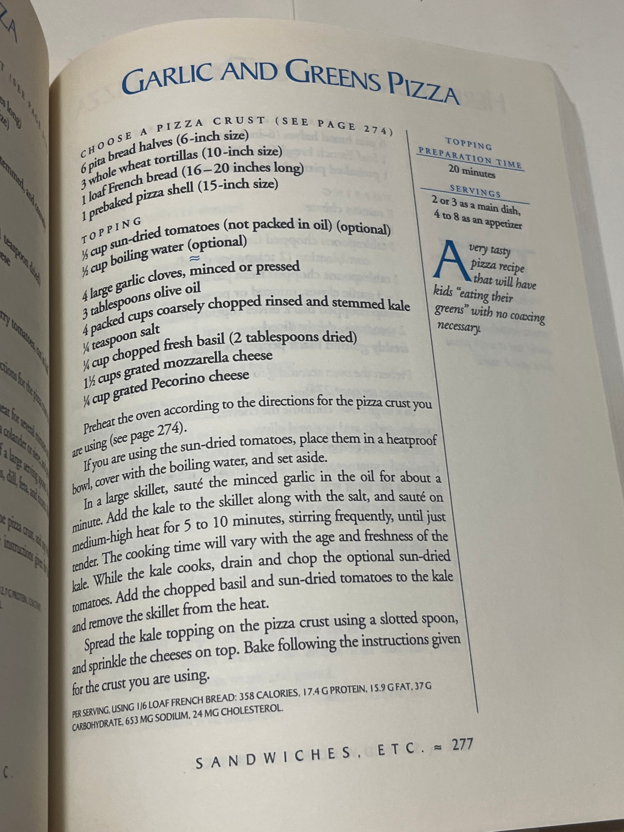 Page from Moosewood Restaurant Cooks at Home showing Garlic and Greens Pizza recipe with crust options, ingredients, preparation steps, nutrition info, and serving details.