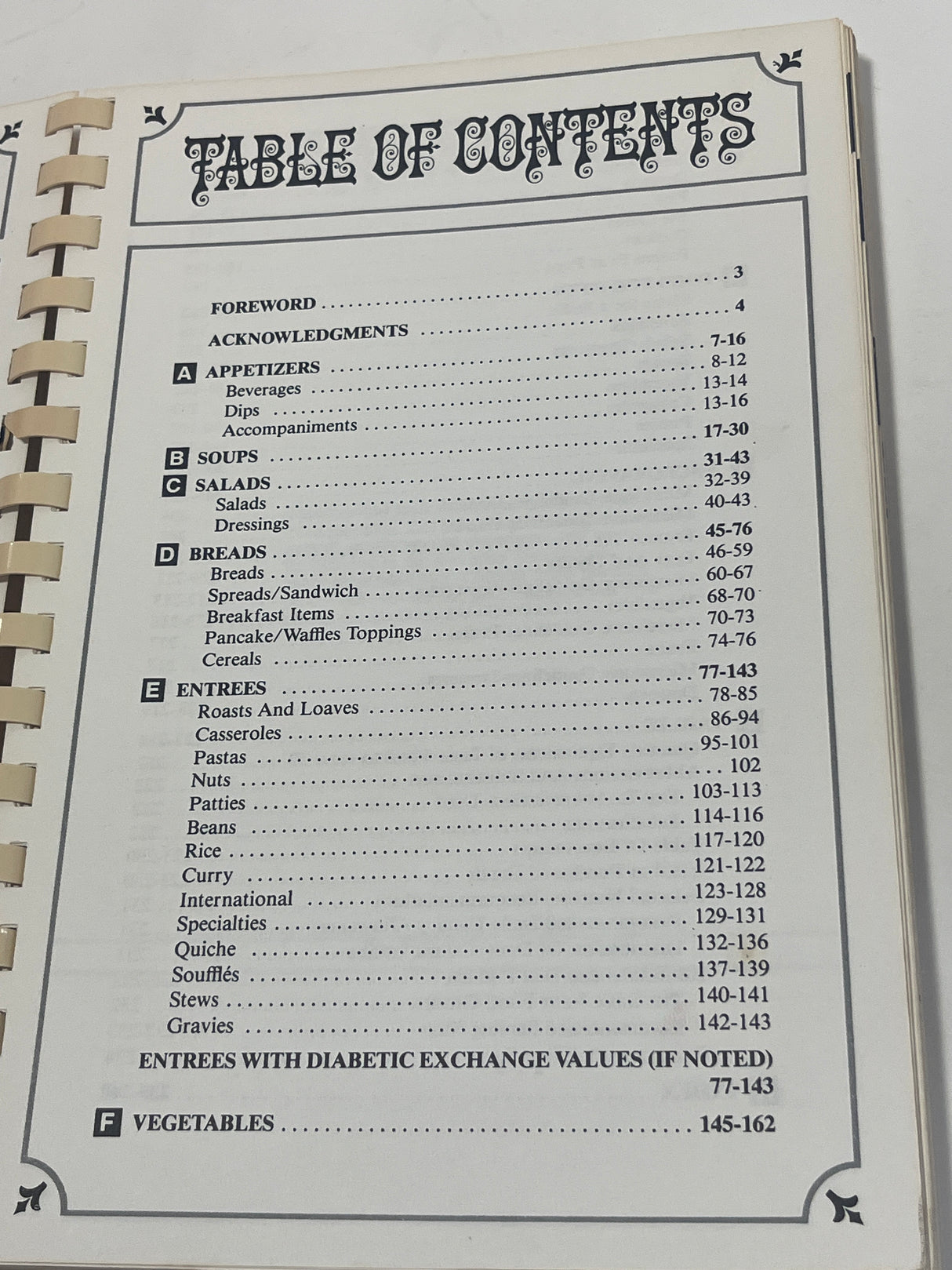 Table of Contents from RARE An Apple A Day Volume Two – Vegetarian Cookery by Doctors' Wives, detailing sections like Appetizers, Soups, Salads, Breads, and Entrees.