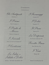 Contents page of The Villa Table, an Italian-themed cookbook, listing chapters like Starters, Sauces, and Wines with Italian-English titles and page numbers.