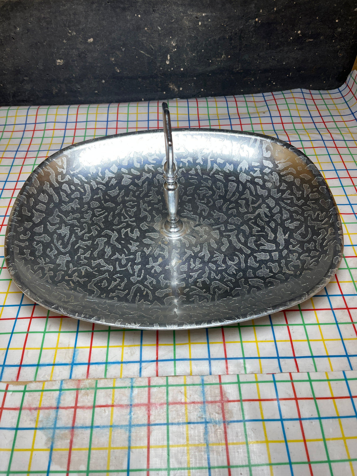 MCM serving platter with handle - brushed alumnium - vintage Kensington Moiré