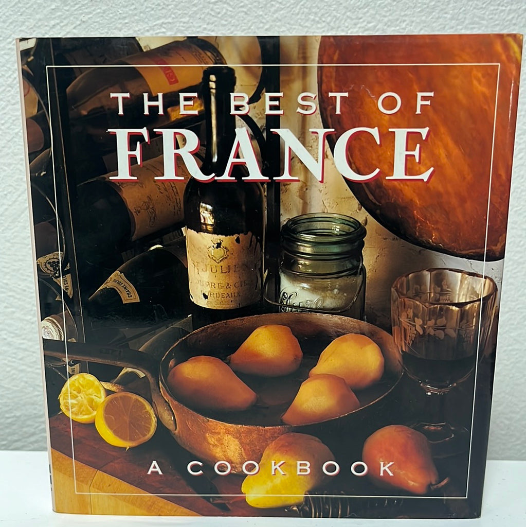 The Best of France cookbook front cover featuring French culinary delights: food, glass jar, bottles, and pears. From Spoons Kitchen Exchange.