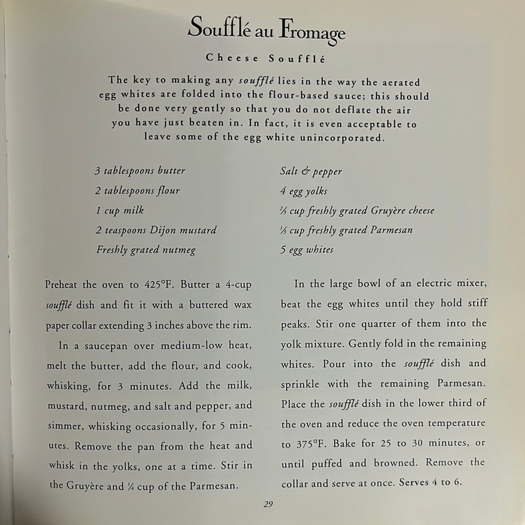 A close-up of a recipe page from The Best of France: A Cookbook for a cheese soufflé. From Spoons Kitchen Exchange.
