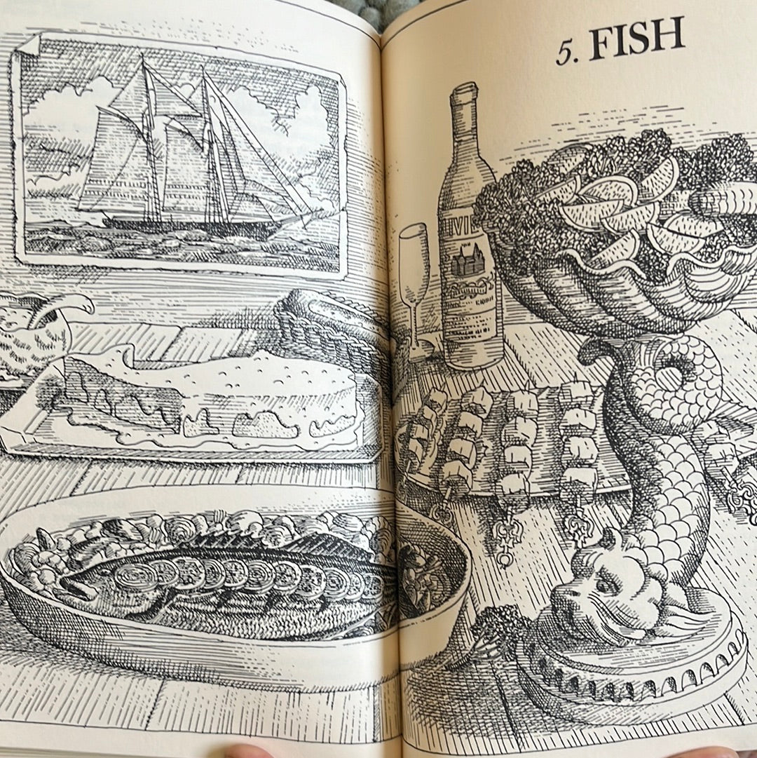 The Art of Good Cooking book, held open, featuring food and boat sketches, reflecting Paula Peck's diverse recipes and innovative cooking methods.