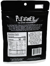 Back of Pleather Vegan Jerky bag showing product details: black pepper flavor description, nutrition facts, ingredients, and manufacturer info, featuring a resealable design for easy snacking.