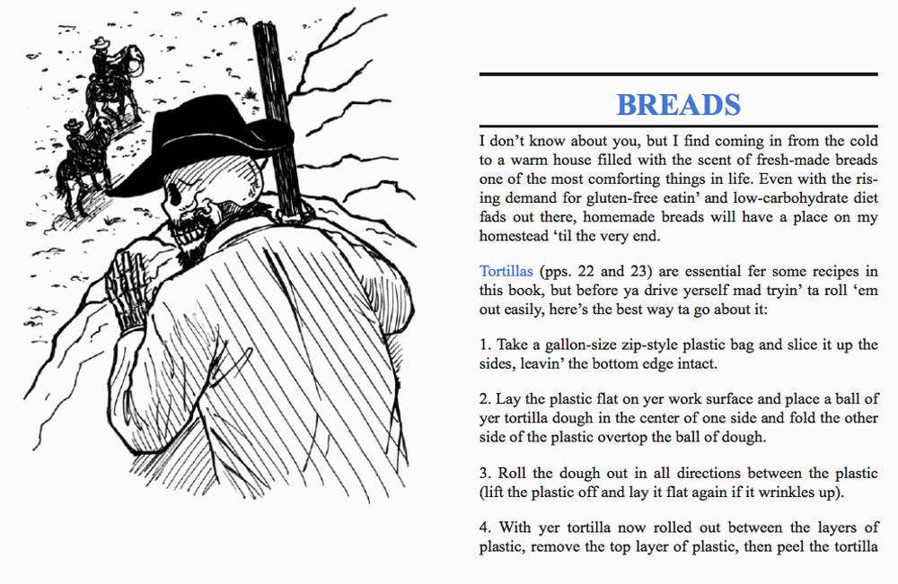 Cookbook spread from Hot Damn & Hell Yeah: Vegan Tex-Mex & Southern Eats, featuring a cowboy sketch and tortilla-making instructions using a zip-top bag as a press.