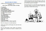 Recipe page for 'Black Bean Chili' from Hot Damn & Hell Yeah: Vegan Tex-Mex & Southern Eats, featuring ingredients, instructions, and a skeletal cowboy illustration.