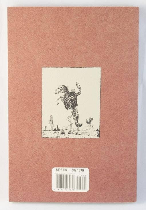 Back cover of Hot Damn & Hell Yeah: Vegan Tex-Mex & Southern Eats featuring a skeletal horse illustration, barcode, and price. A unique cookbook with bold vegan recipes.