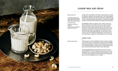 Two-page spread from The Vegan Creamery showing cashew milk and cream recipes, featuring a glass pitcher, mug, and cashews on a wooden table.