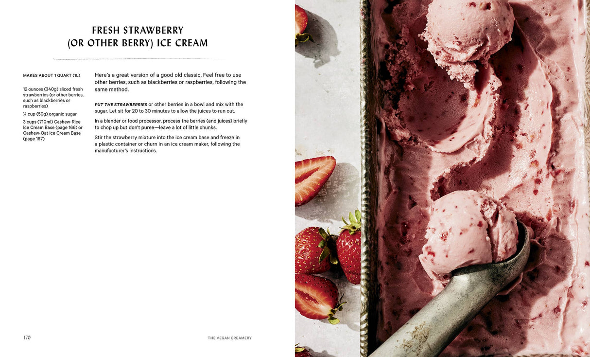 The Vegan Creamery cookbook spread featuring a strawberry ice cream recipe and a photo of pink berry ice cream in a metal scoop with fresh strawberries.