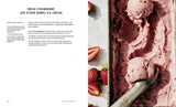 The Vegan Creamery cookbook spread featuring a strawberry ice cream recipe and a photo of pink berry ice cream in a metal scoop with fresh strawberries.